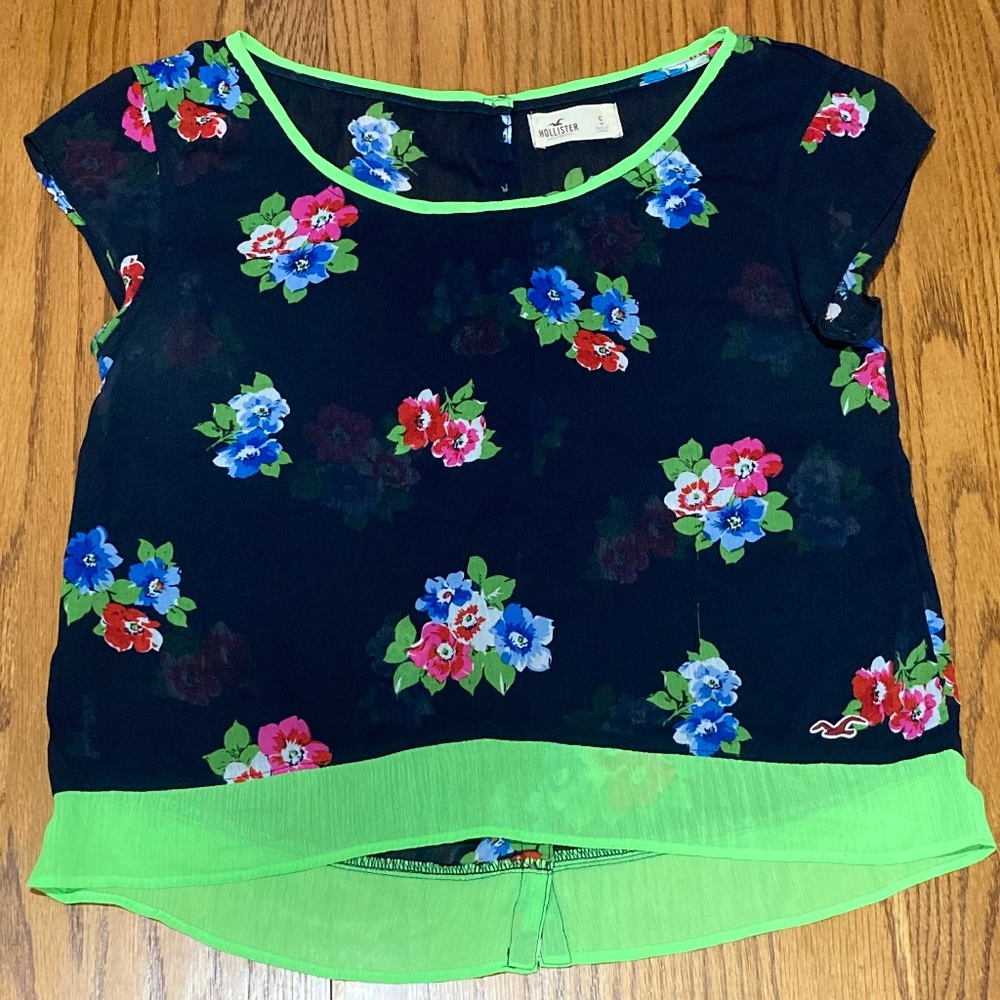 Navy Blue & Bright Neon Green Sheer Floral Hollister Y2K Top Sz S